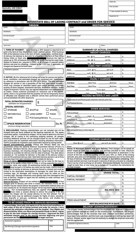 interstate bill of lading contract