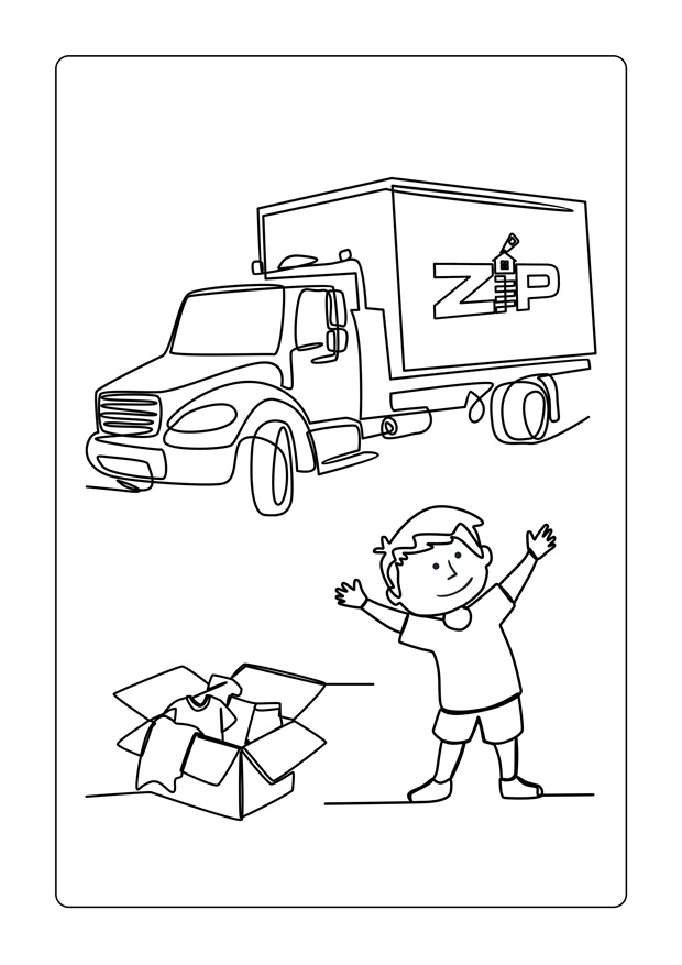 Color the boy, the box, and the moving truck.