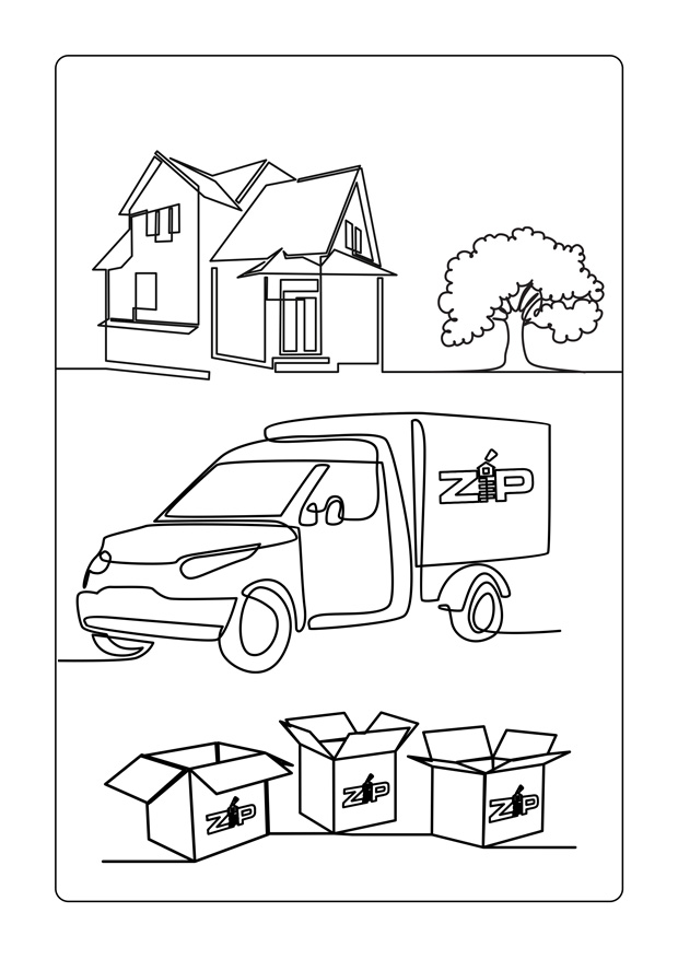 Color the house Zip moving truck and moving boxes.