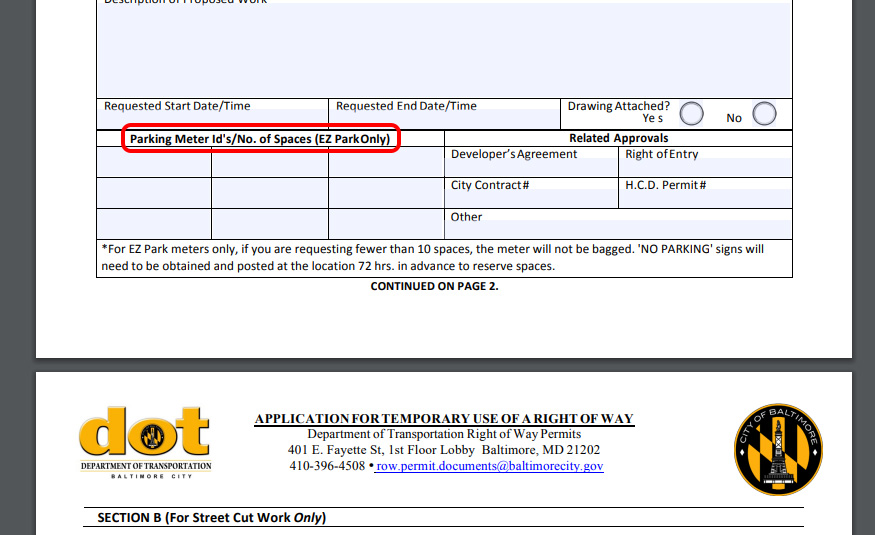 Permit Application to the Baltimore Department of Transportation Tip 01