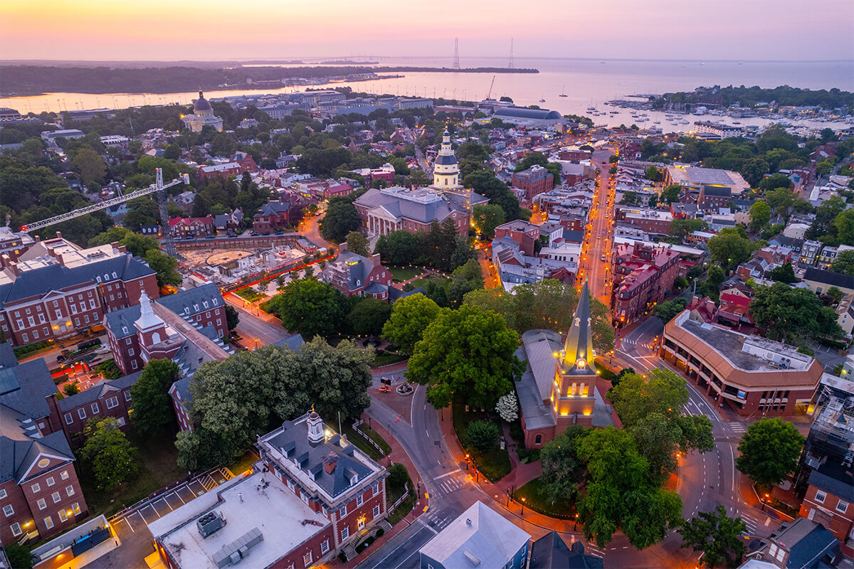 Aerial view of chesapeake bay in Annapolis Maryland.